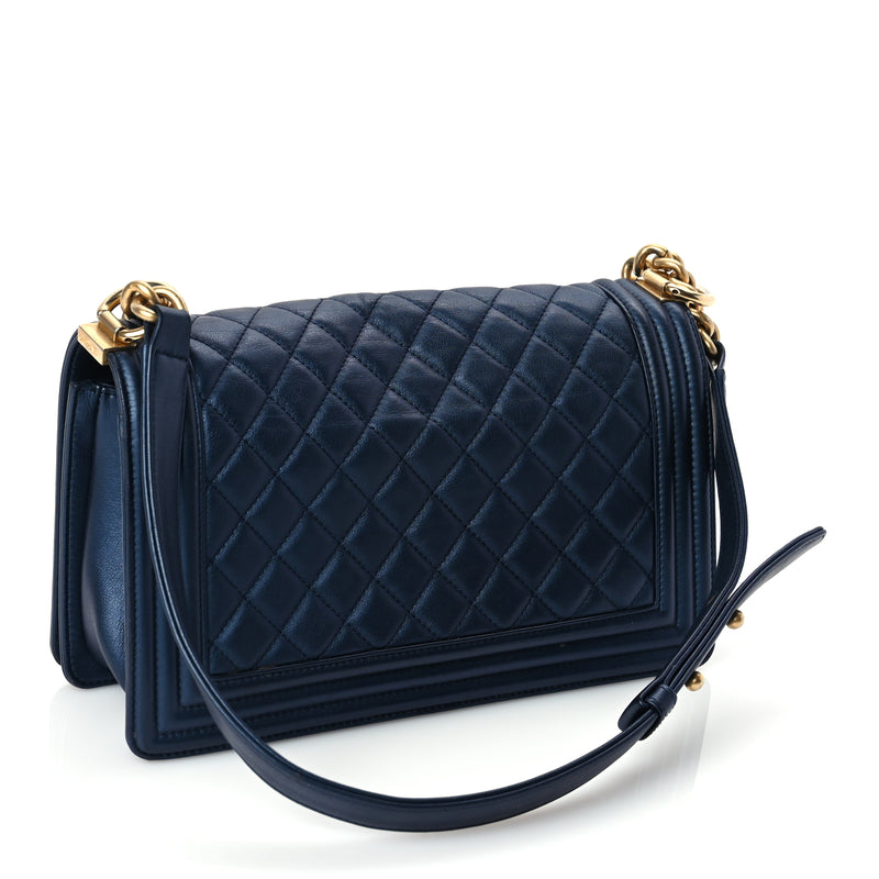  Chanel Metallic Calfskin Quilted Medium Boy Flap Navy Blue Navy Blue