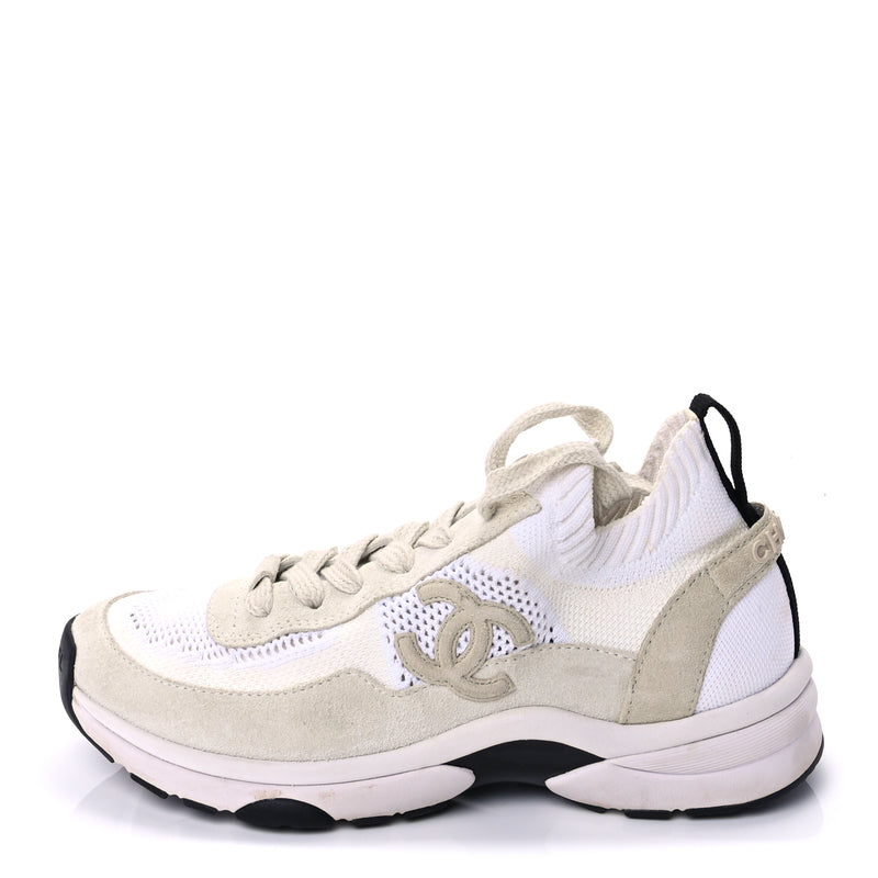  Chanel Knit Fabric Suede Calfskin Womens CC Sneakers 36.5 Ivory Light Beige
