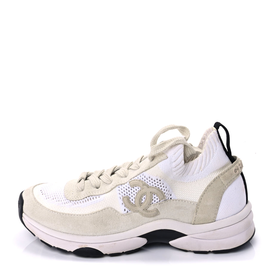 Chanel Knit Fabric Suede Calfskin Womens CC Sneakers 36.5 Ivory Light Beige Image 1