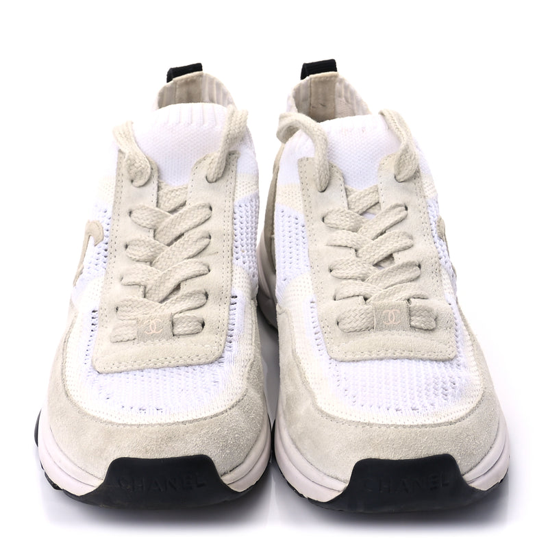  Chanel Knit Fabric Suede Calfskin Womens CC Sneakers 36.5 Ivory Light Beige