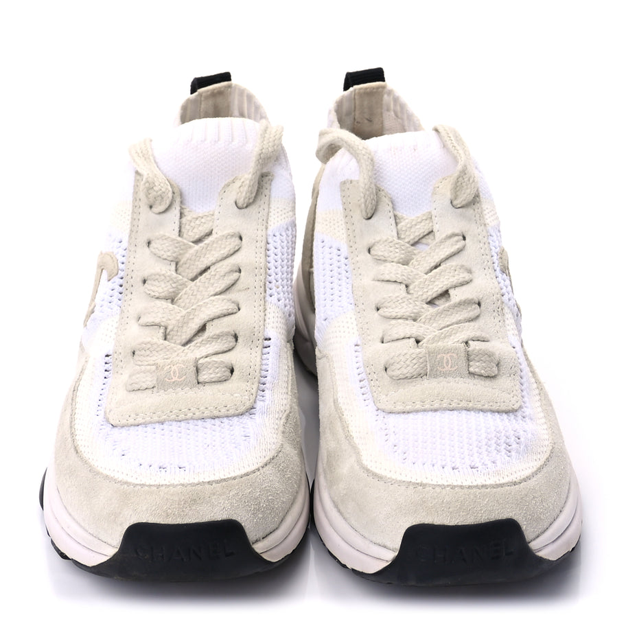 Chanel Knit Fabric Suede Calfskin Womens CC Sneakers 36.5 Ivory Light Beige Image 2