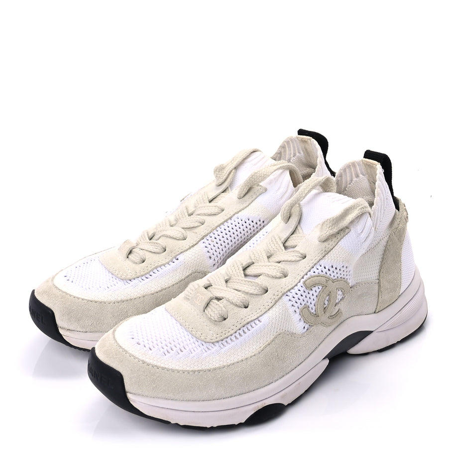Chanel Knit Fabric Suede Calfskin Womens CC Sneakers 36.5 Ivory Light Beige Image 3
