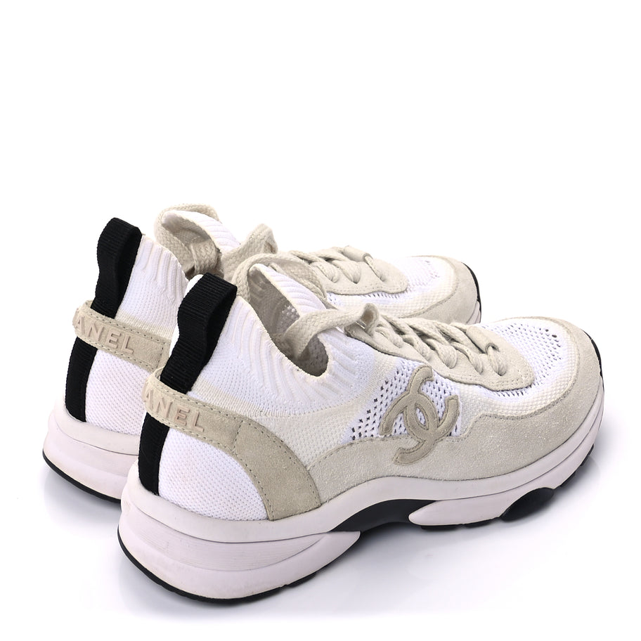 Chanel Knit Fabric Suede Calfskin Womens CC Sneakers 36.5 Ivory Light Beige Image 4