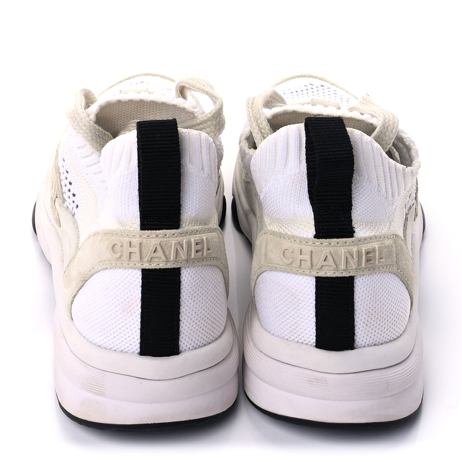 Chanel Knit Fabric Suede Calfskin Womens CC Sneakers 36.5 Ivory Light Beige Image 5