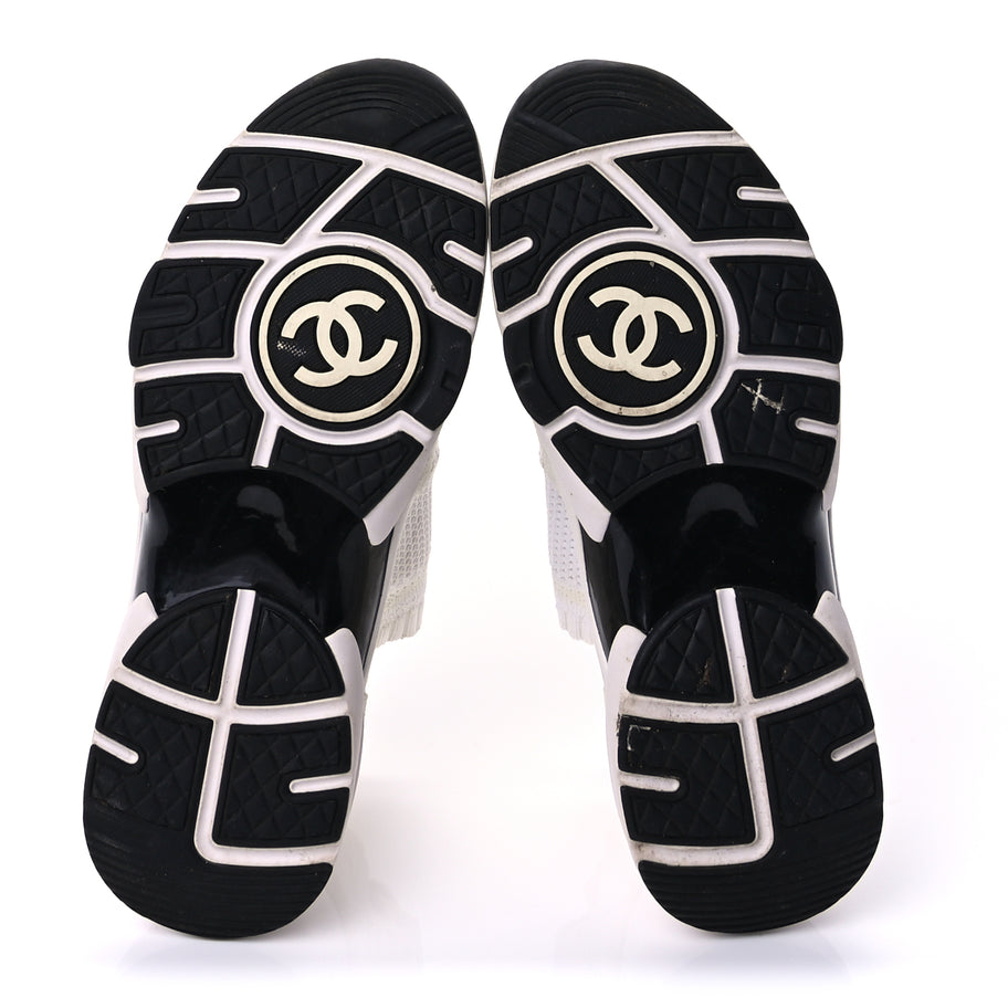 Chanel Knit Fabric Suede Calfskin Womens CC Sneakers 36.5 Ivory Light Beige Image 6