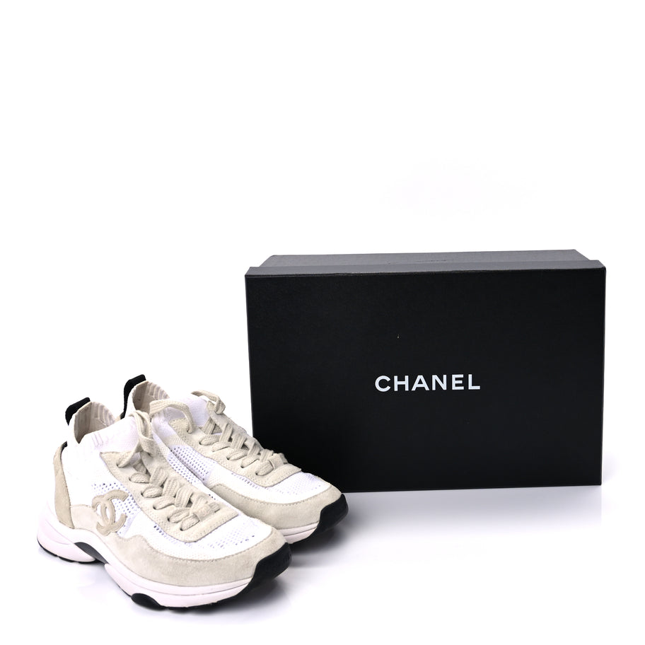 Chanel Knit Fabric Suede Calfskin Womens CC Sneakers 36.5 Ivory Light Beige Image 10