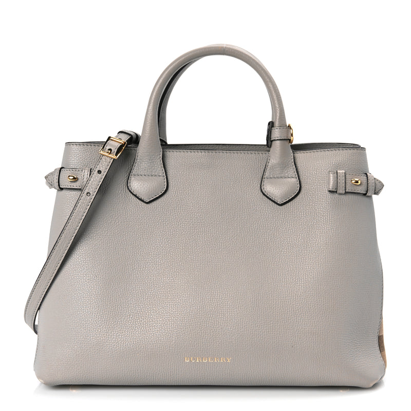  Burberry Derby Calfskin House Check Medium Banner Tote  Pale Grey