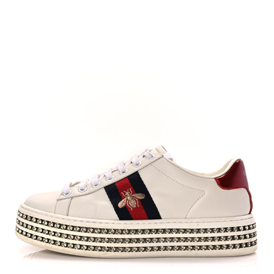 Gucci Calfskin Crystal Web Bee Embroidered Womens Ace Platform Sneakers 36 White Image 1