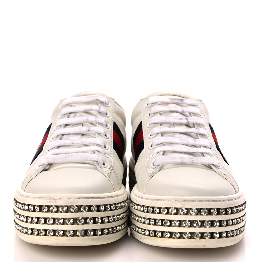 Gucci Calfskin Crystal Web Bee Embroidered Womens Ace Platform Sneakers 36 White Image 2