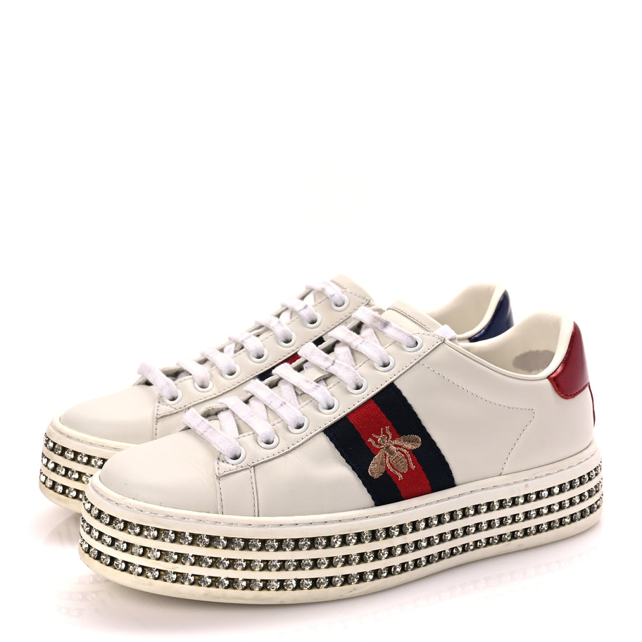 Gucci Calfskin Crystal Web Bee Embroidered Womens Ace Platform Sneakers 36 White Image 3