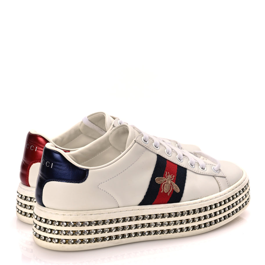 Gucci Calfskin Crystal Web Bee Embroidered Womens Ace Platform Sneakers 36 White Image 4
