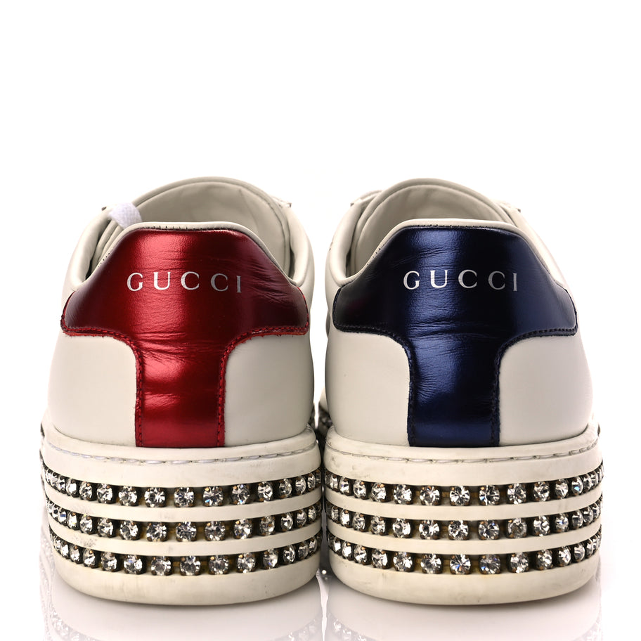 Gucci Calfskin Crystal Web Bee Embroidered Womens Ace Platform Sneakers 36 White Image 5
