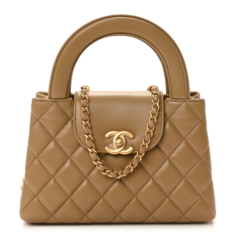  Chanel Shiny Aged Calfskin Quilted Nano Kelly Shopper Beige