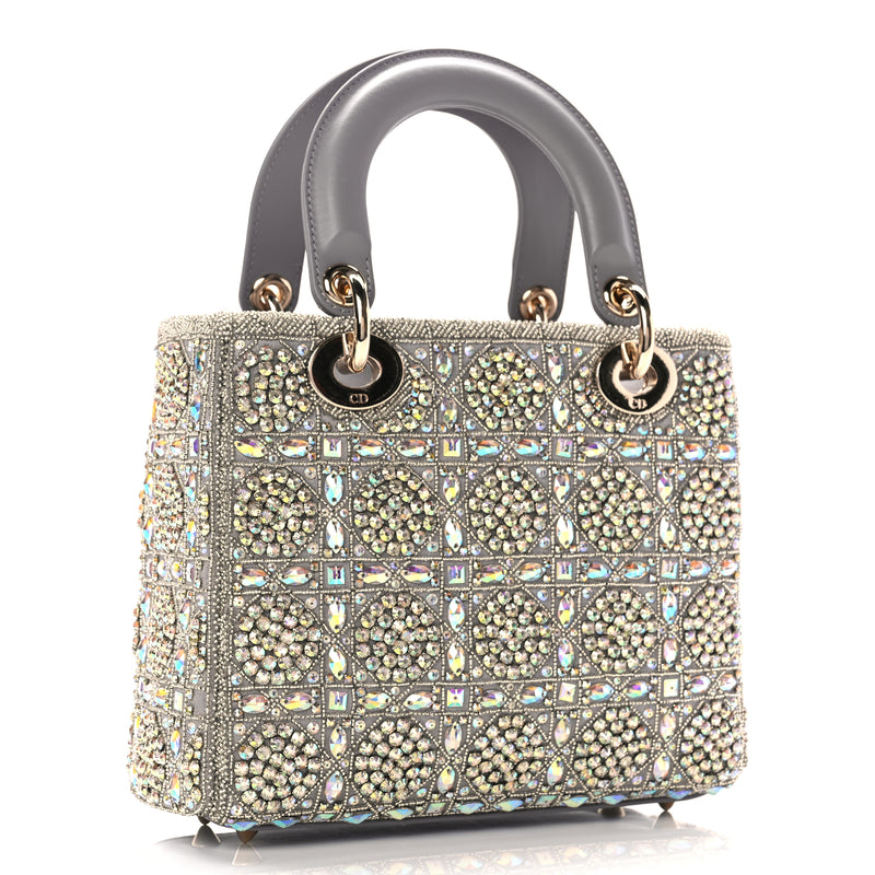  Christian Dior Calfskin Satin Celestial Bead Embroidery Cannage Mini Lady Dior Grey