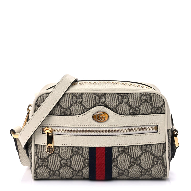  Gucci GG Supreme Monogram Textured Calfskin Web Mini Ophidia Shoulder Bag Beige Ebony Mystic White