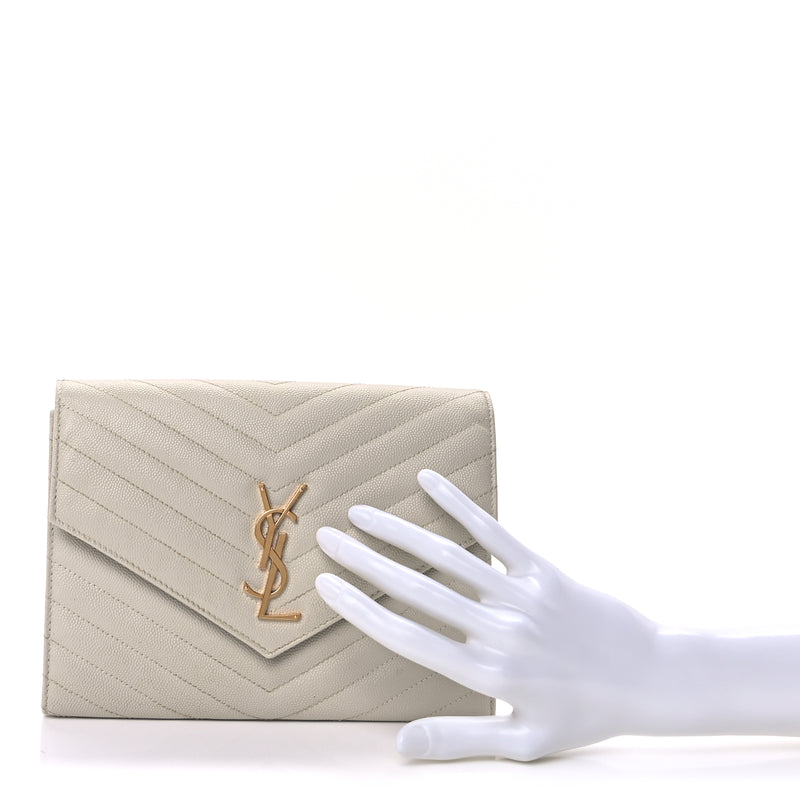  Saint Laurent Grain De Poudre Matelasse Chevron Monogram Envelope Clutch  Blanc Vintage