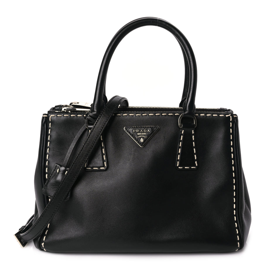 PRADA CITY CALF 2wayトート ブラック　/27 Prada City Calf Small Hand Stitched Galleria Double Zip Tote Black
