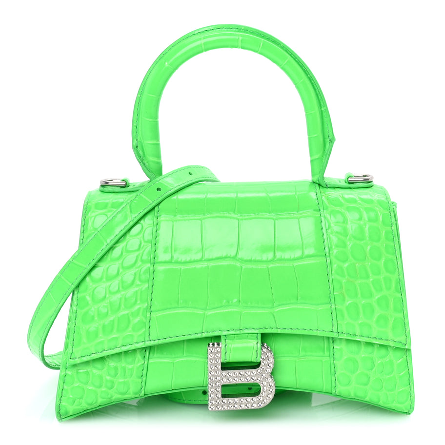 Balenciaga Shiny Calfskin Strass Crocodile Embossed Hourglass Top Handle Bag XS  Fluo Green Image 1