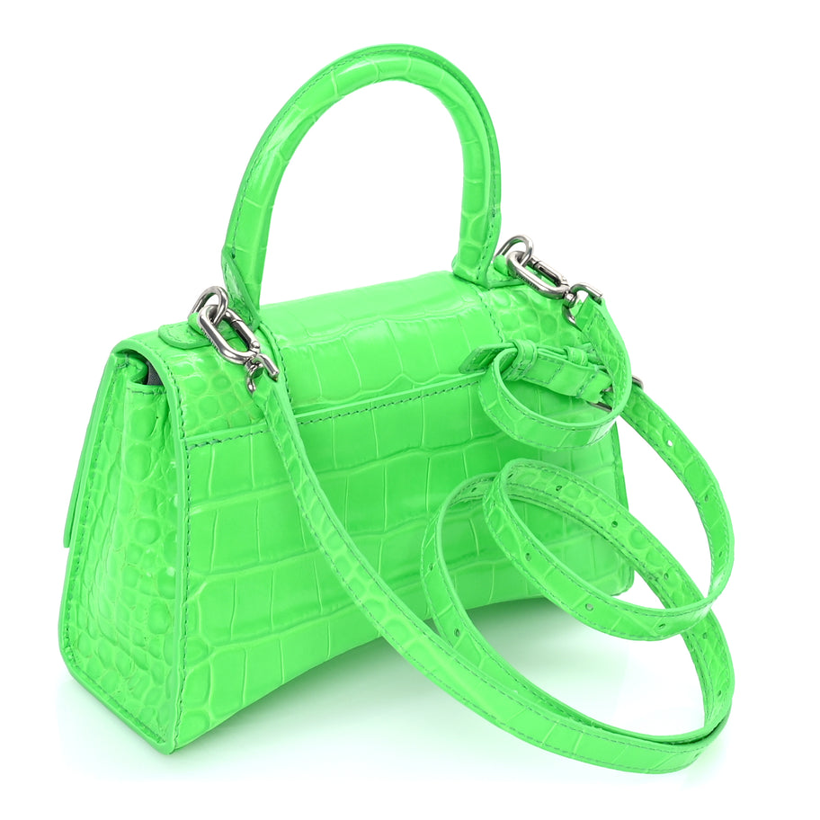 Balenciaga Shiny Calfskin Strass Crocodile Embossed Hourglass Top Handle Bag XS  Fluo Green Image 2