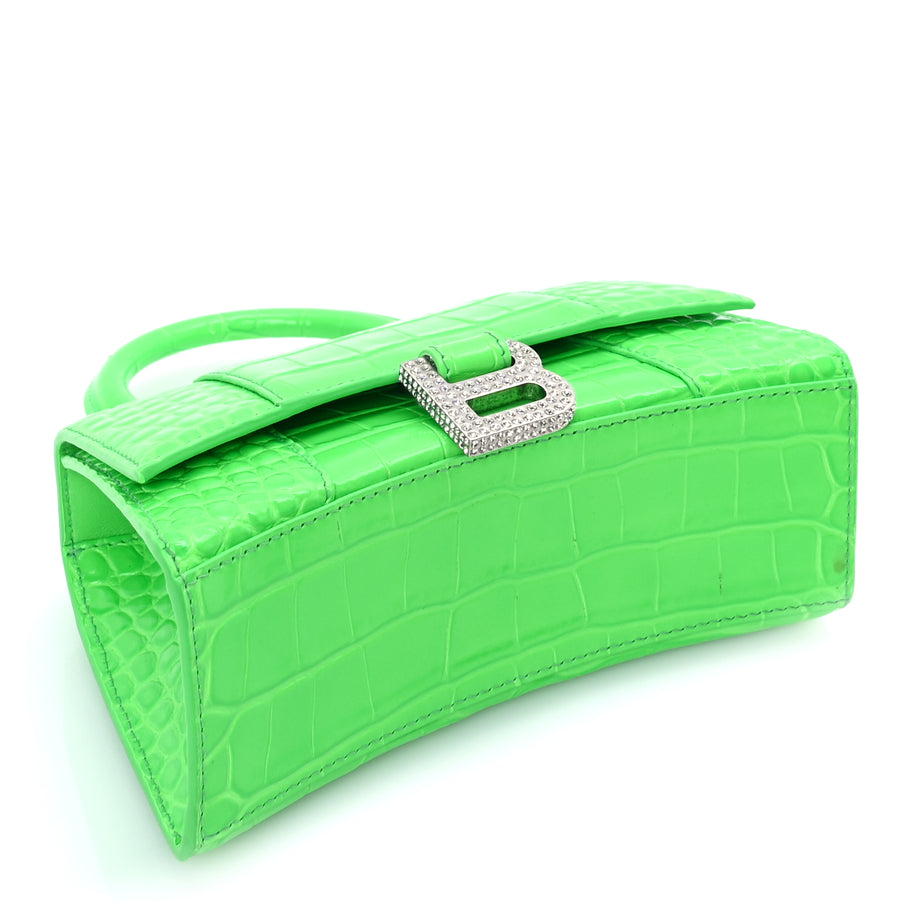 Balenciaga Shiny Calfskin Strass Crocodile Embossed Hourglass Top Handle Bag XS  Fluo Green Image 3
