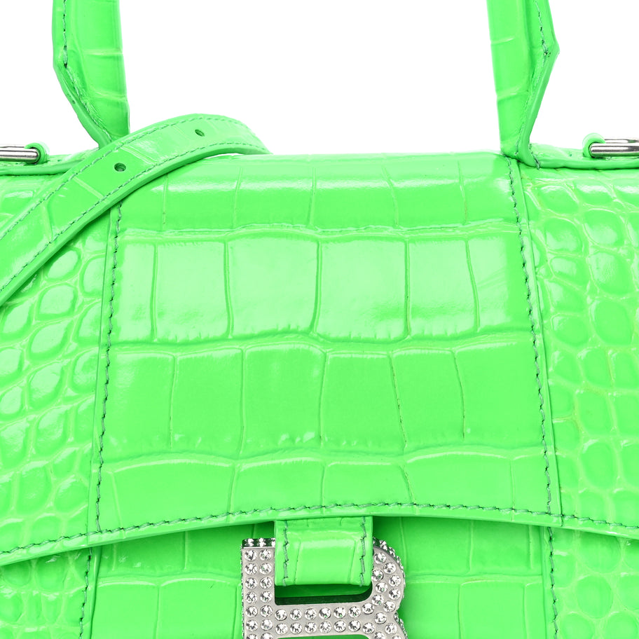 Balenciaga Shiny Calfskin Strass Crocodile Embossed Hourglass Top Handle Bag XS  Fluo Green Image 6