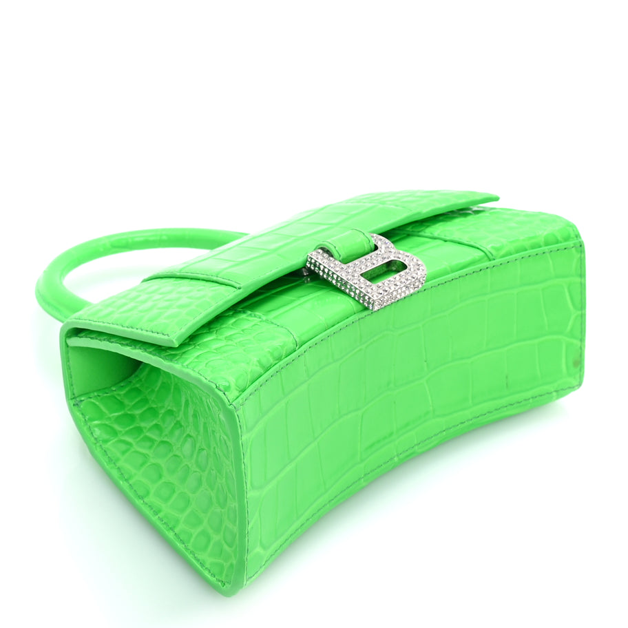 Balenciaga Shiny Calfskin Strass Crocodile Embossed Hourglass Top Handle Bag XS  Fluo Green Image 7
