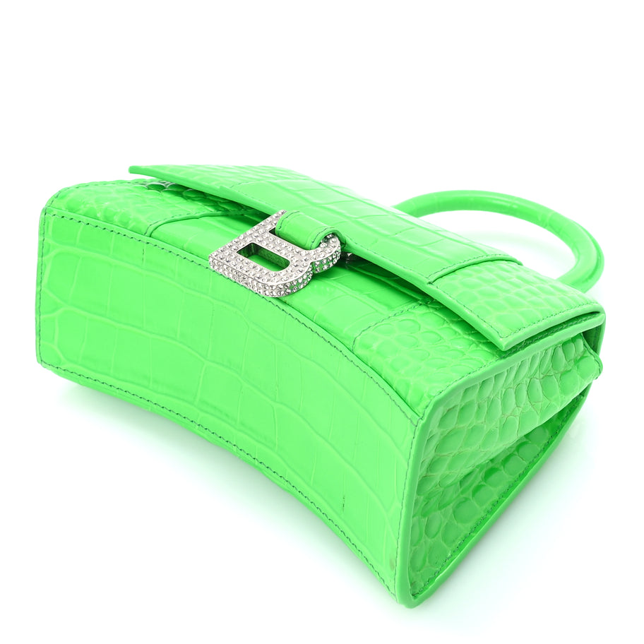 Balenciaga Shiny Calfskin Strass Crocodile Embossed Hourglass Top Handle Bag XS  Fluo Green Image 8
