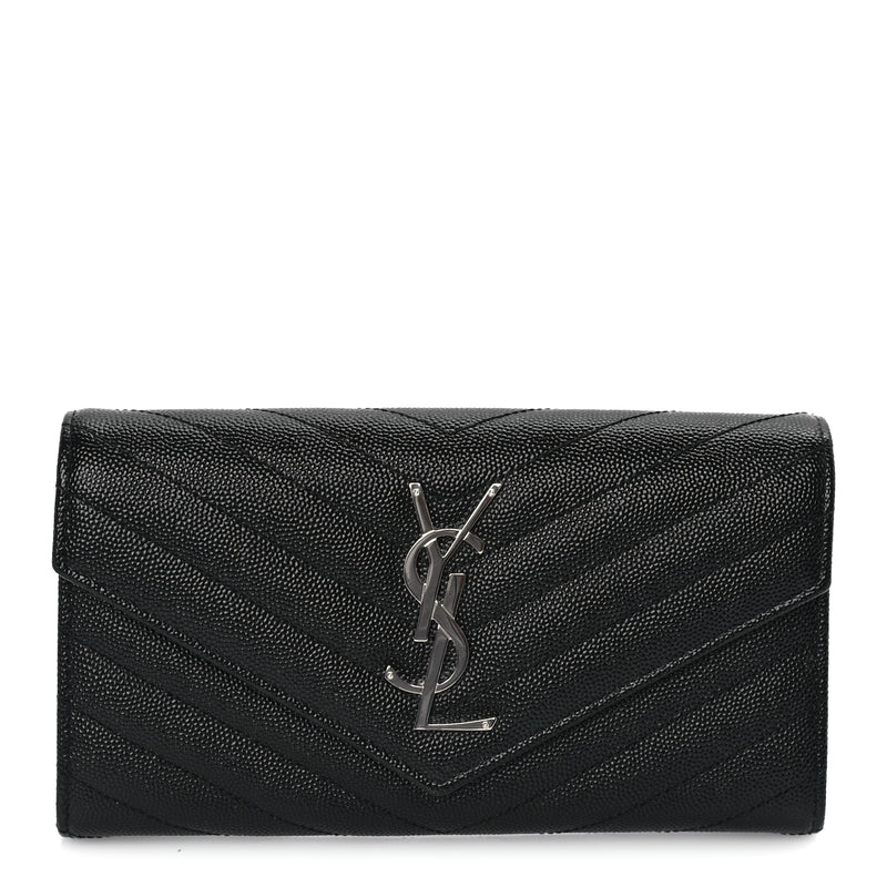  Saint Laurent Grain De Poudre Matelasse Chevron Monogram Flap Wallet Black