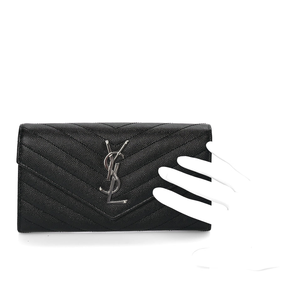Saint Laurent Grain De Poudre Matelasse Chevron Monogram Flap Wallet Black Image 3