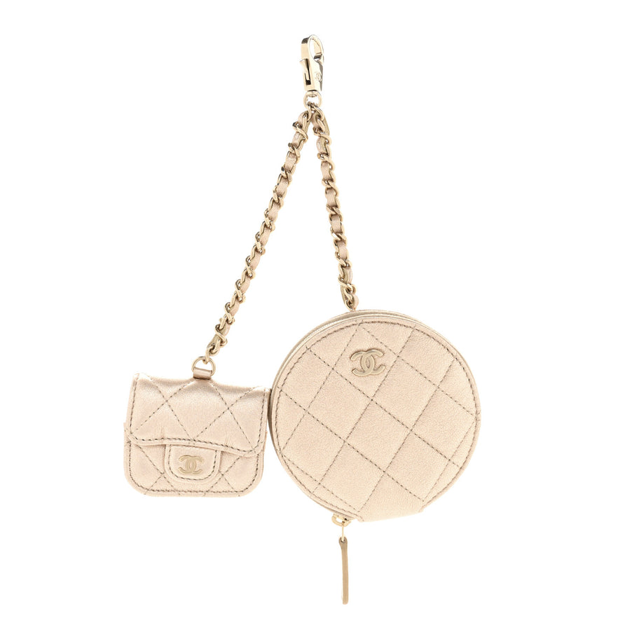 Chanel Metallic Lambskin Quilted Round Clip On Coin Purse Airpods Case Gold Image 1
