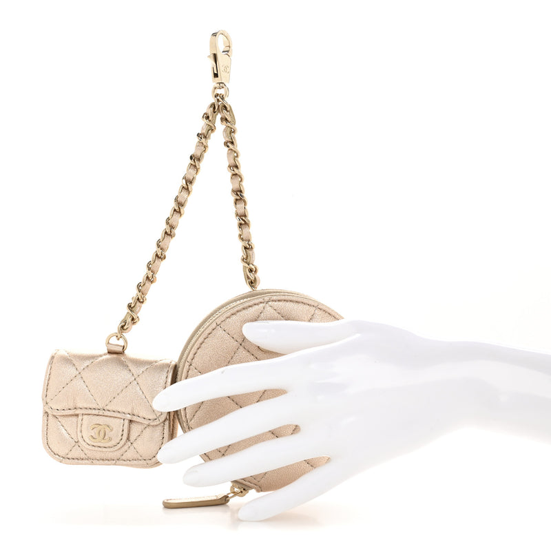  Chanel Metallic Lambskin Quilted Round Clip On Coin Purse Airpods Case Gold