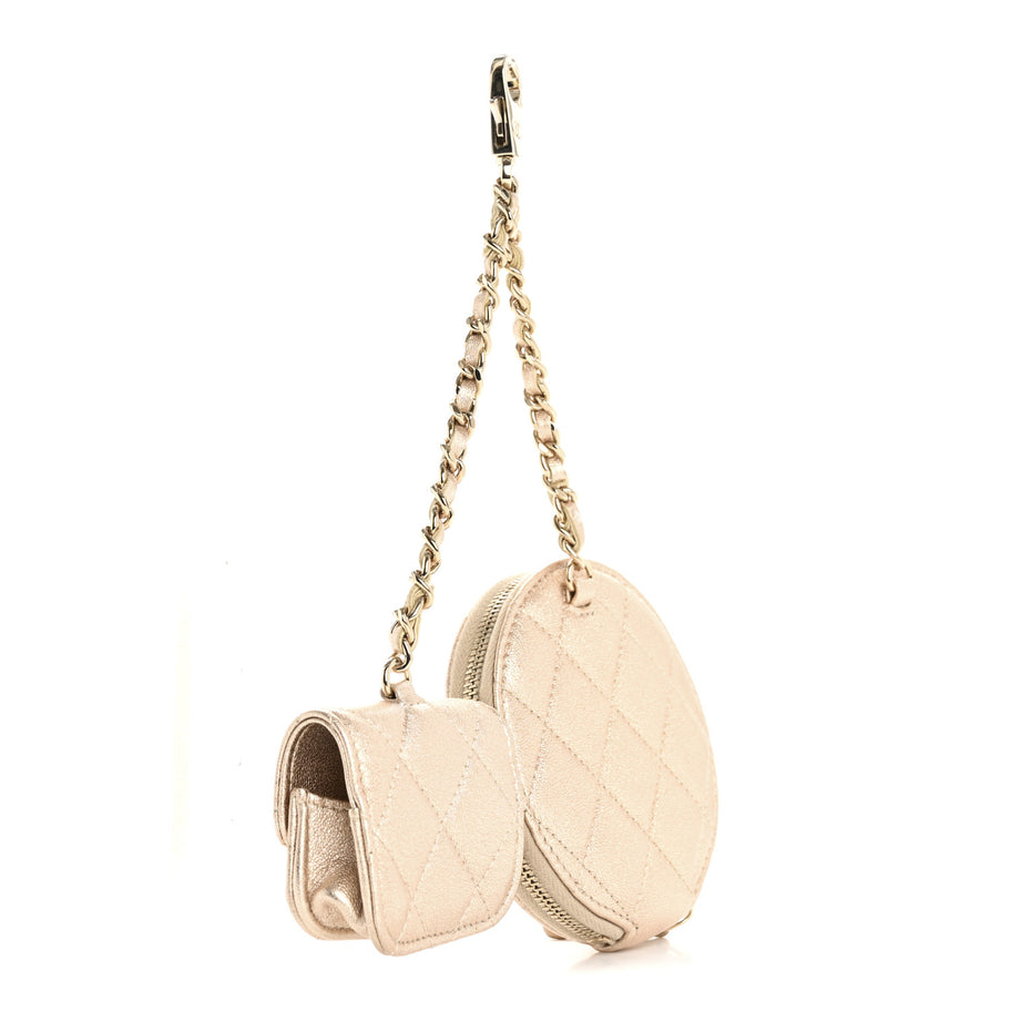 Chanel Metallic Lambskin Quilted Round Clip On Coin Purse Airpods Case Gold Image 3