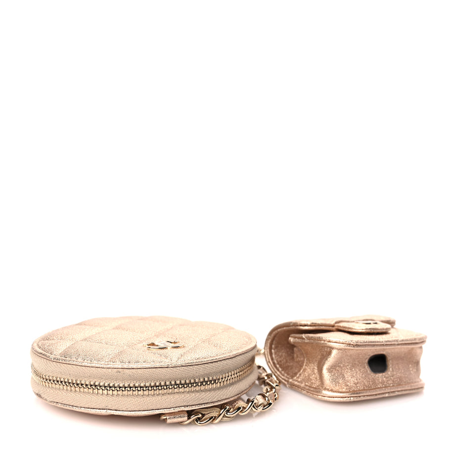 Chanel Metallic Lambskin Quilted Round Clip On Coin Purse Airpods Case Gold Image 4