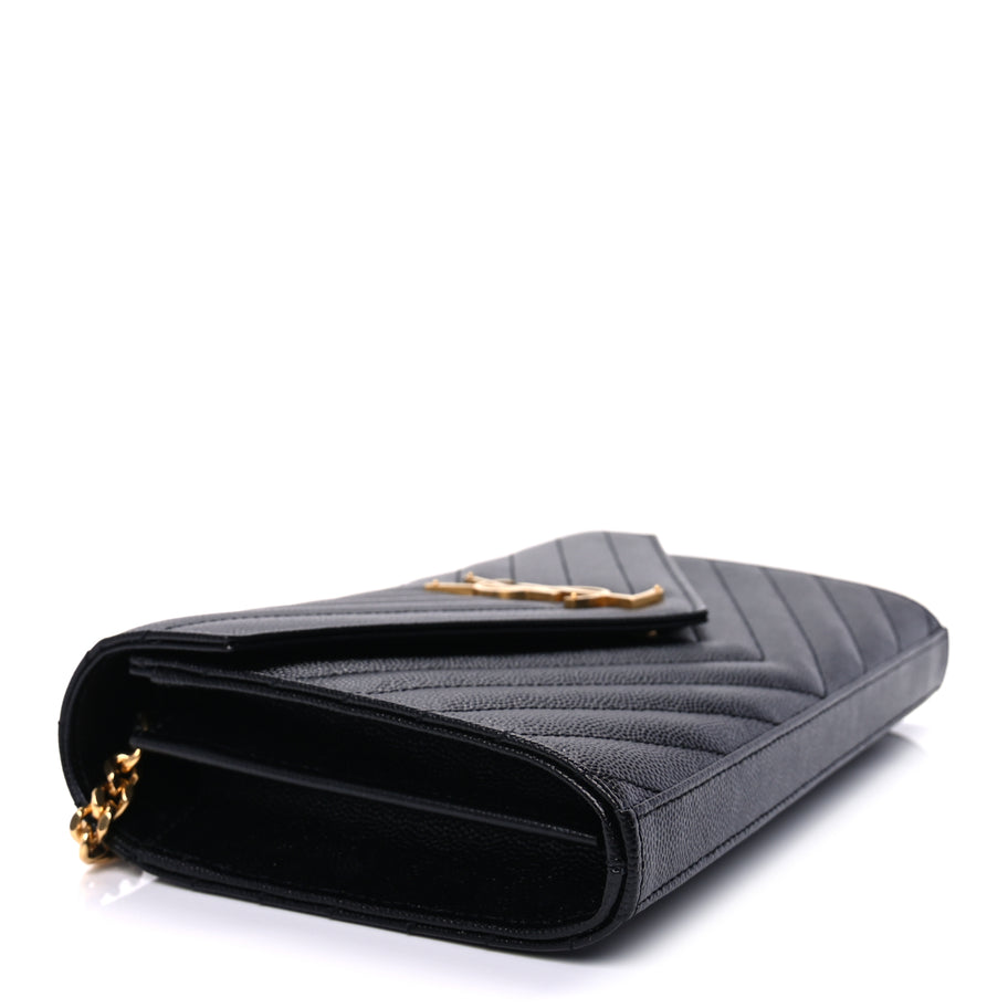 Saint Laurent Grain De Poudre Matelasse Chevron Cassandre Chain Wallet Black Image 7