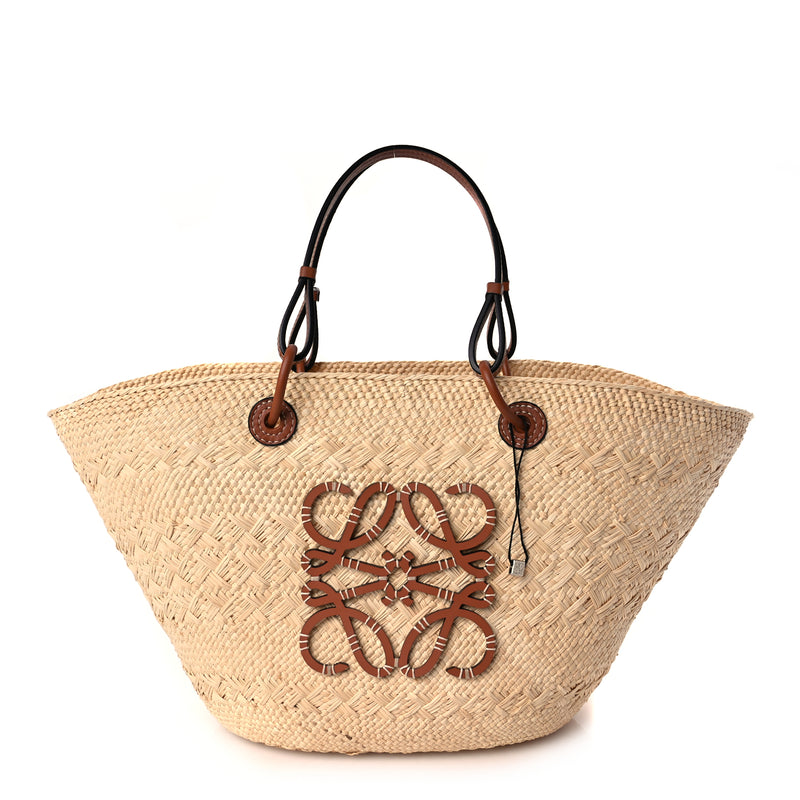 Loewe Calfskin Raffia Paulas Ibiza Medium Anagram Basket Tote Bag Natural Tan