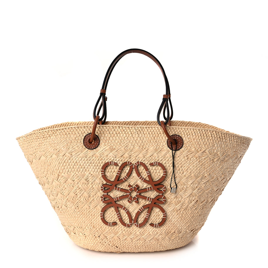 Loewe Calfskin Raffia Paulas Ibiza Medium Anagram Basket Tote Bag Natural Tan Image 1