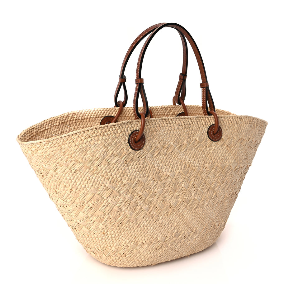 Loewe Calfskin Raffia Paulas Ibiza Medium Anagram Basket Tote Bag Natural Tan Image 2