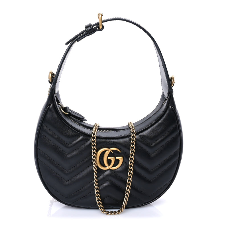  Gucci Calfskin Matelasse Chevron Mini GG Marmont Half Moon Hobo  Black