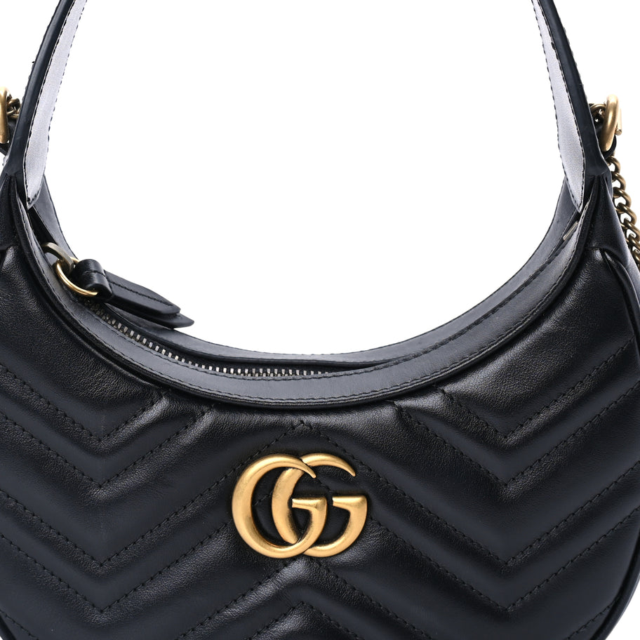 Gucci Calfskin Matelasse Chevron Mini GG Marmont Half Moon Hobo  Black Image 6