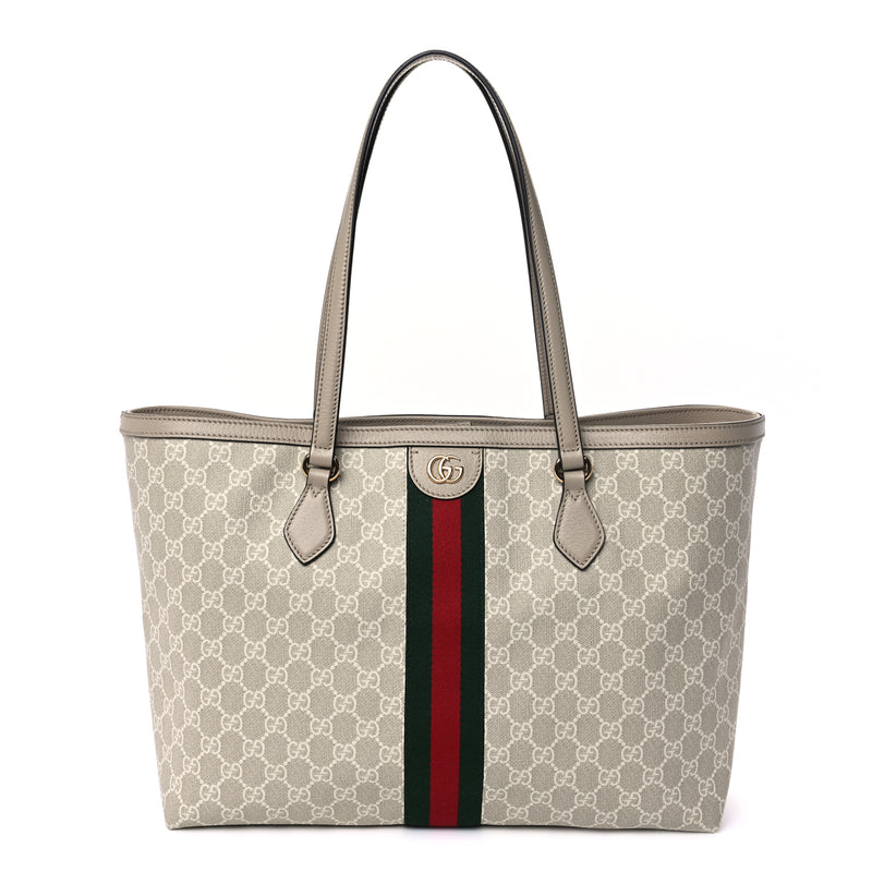  Gucci GG Supreme Monogram Textured Dollar Calfskin Web Large Ophidia Shopping Tote  Beige Mystic White Oatmeal