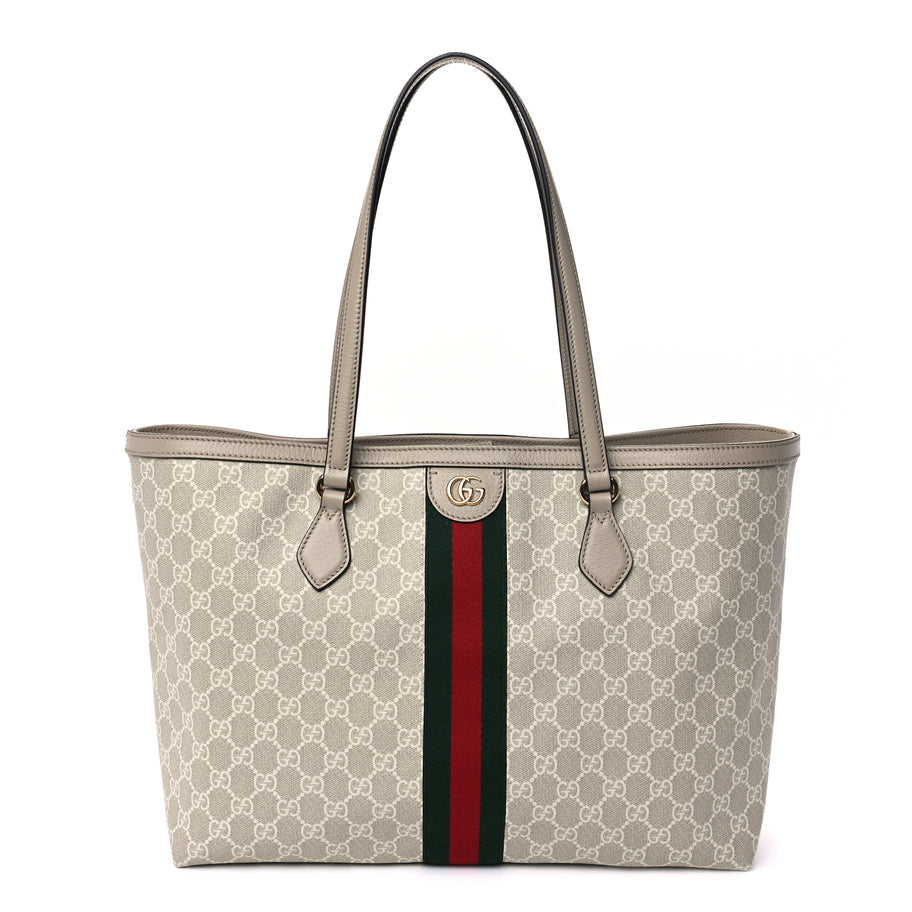 Gucci GG Supreme Monogram Textured Dollar Calfskin Web Large Ophidia Shopping Tote  Beige Mystic White Oatmeal Image 1