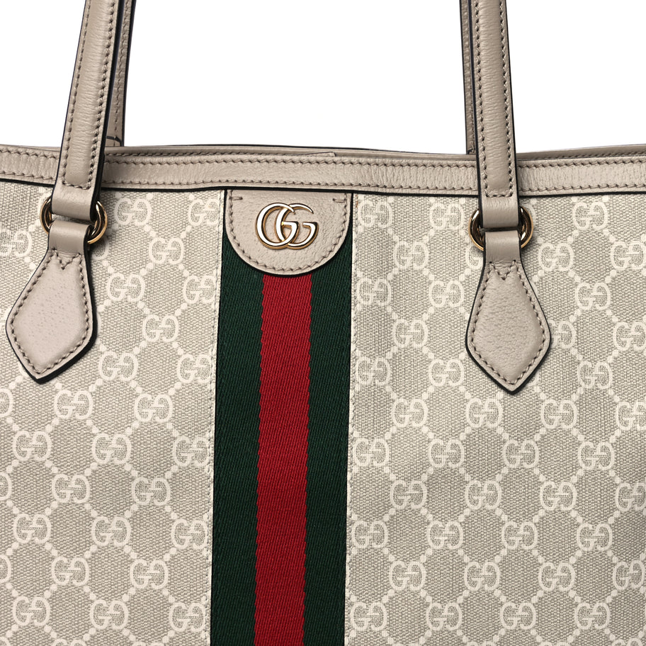 Gucci GG Supreme Monogram Textured Dollar Calfskin Web Large Ophidia Shopping Tote  Beige Mystic White Oatmeal Image 6
