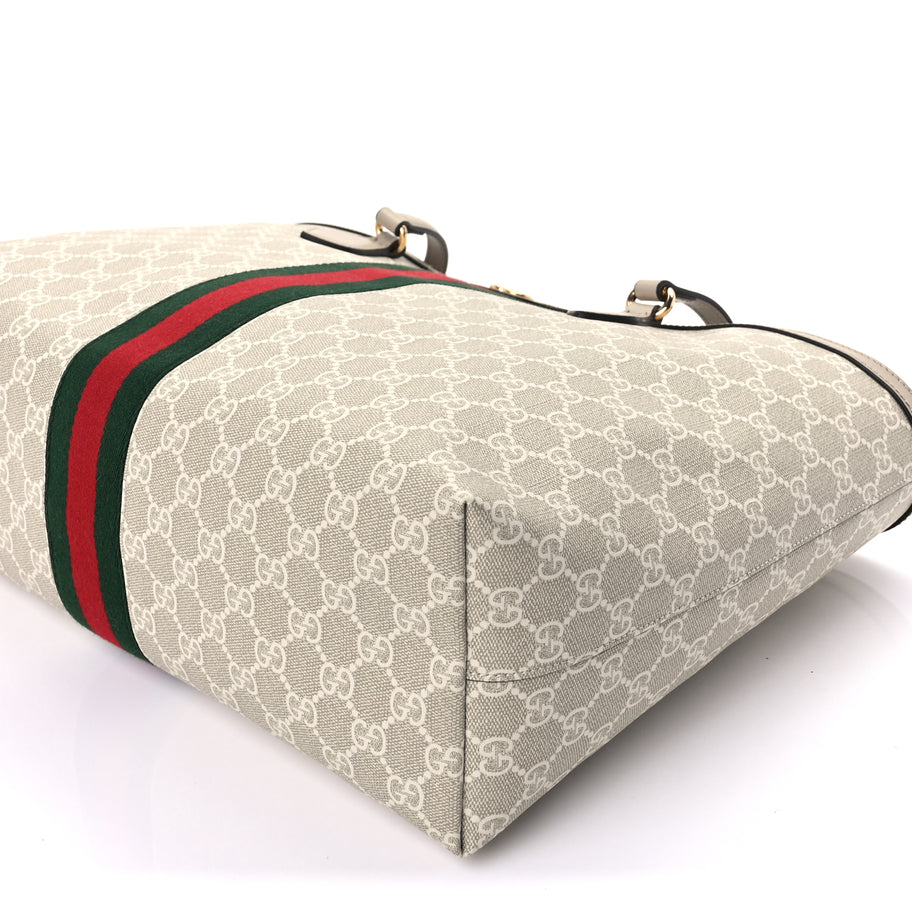 Gucci GG Supreme Monogram Textured Dollar Calfskin Web Large Ophidia Shopping Tote  Beige Mystic White Oatmeal Image 7