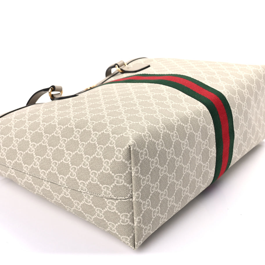 Gucci GG Supreme Monogram Textured Dollar Calfskin Web Large Ophidia Shopping Tote  Beige Mystic White Oatmeal Image 8