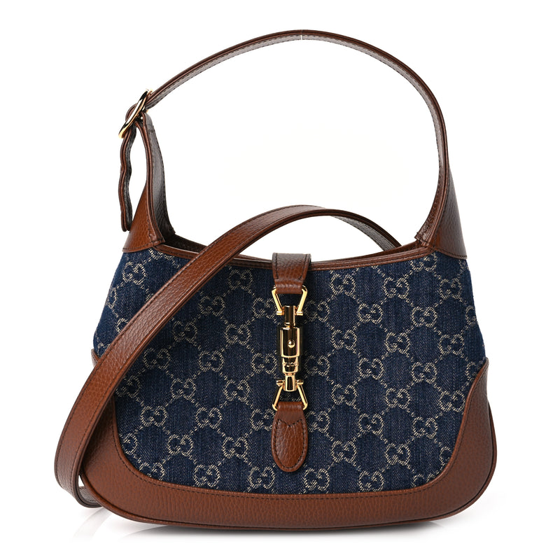  Gucci New Denim GG Monogram Calfskin Small Jackie 1961 Hobo Blue Tea Cuir