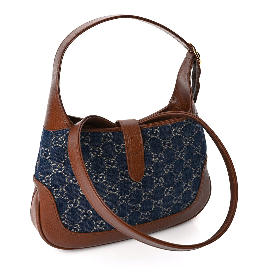 Gucci New Denim GG Monogram Calfskin Small Jackie 1961 Hobo Blue Tea Cuir Image 2