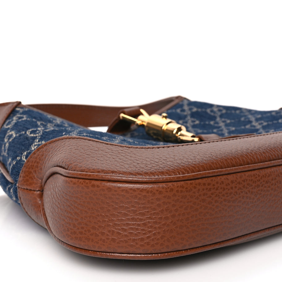 Gucci New Denim GG Monogram Calfskin Small Jackie 1961 Hobo Blue Tea Cuir Image 8