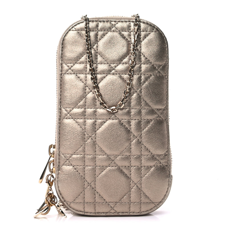  Christian Dior Lambskin Cannage Lady Dior Phone Holder  Gold