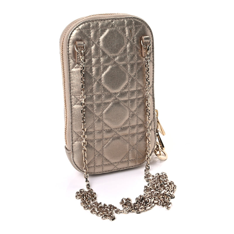  Christian Dior Lambskin Cannage Lady Dior Phone Holder  Gold