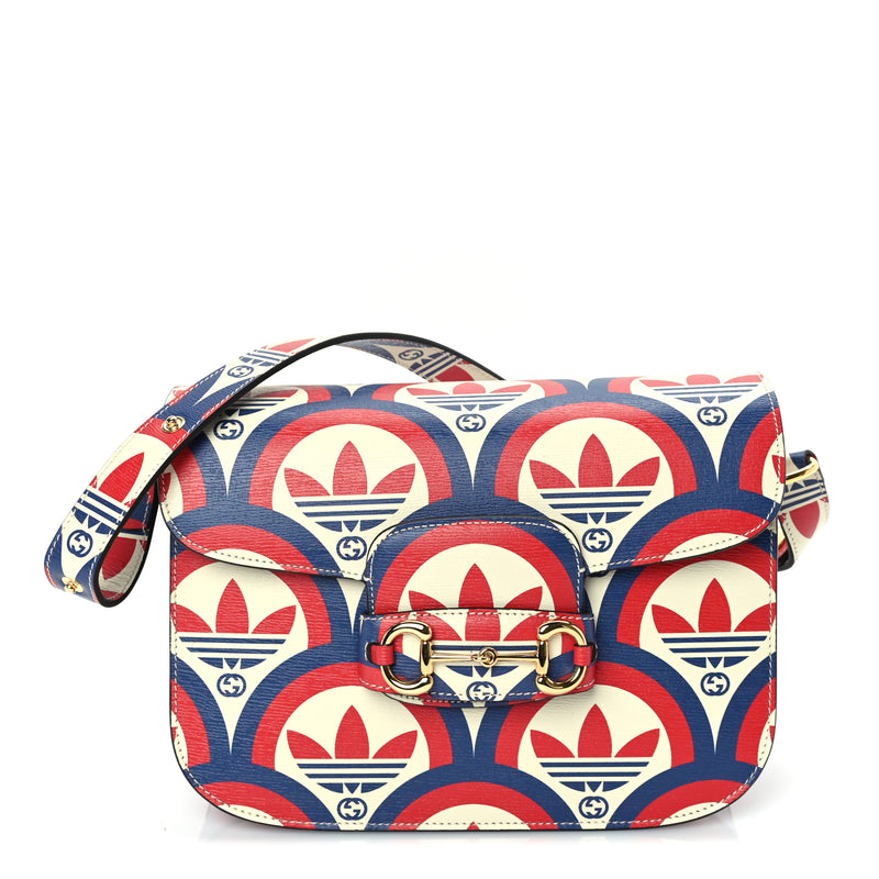  Gucci X ADIDAS Shangai Calfskin Web Trefoil Interlocking G Small Horsebit 1955 Shoulder Bag Red White Blue